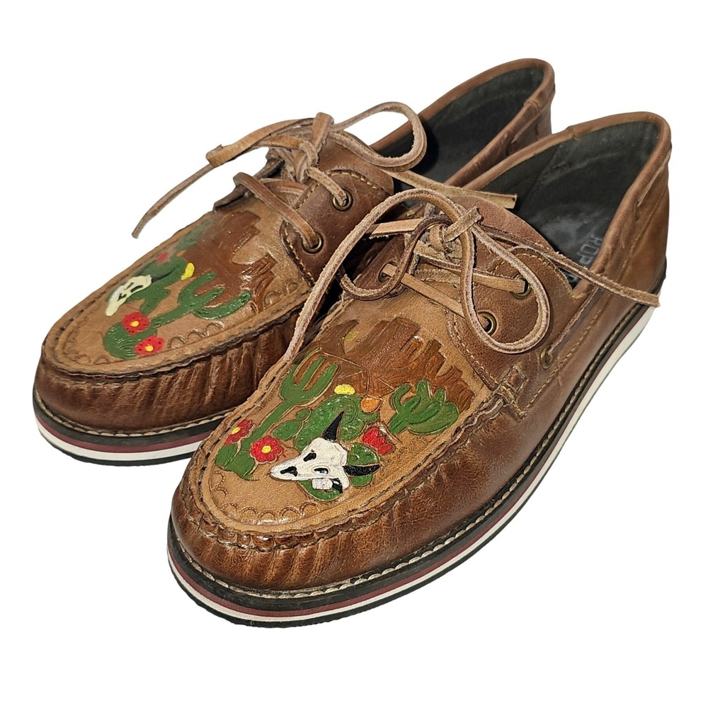 Roper Womens Brown Leather Desert Cactus Skull Boat‎ Shoes Loafers Sz 10